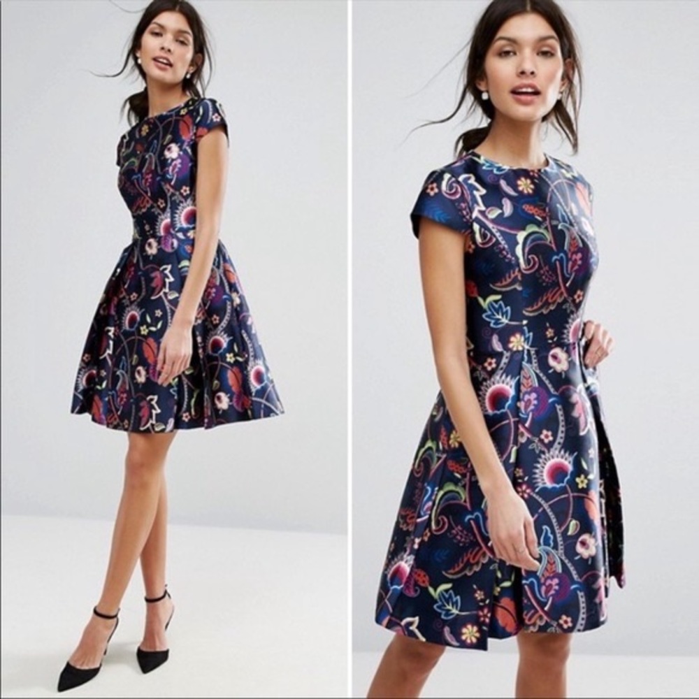 Ted Baker London Fluxam Folk Foliage Skater Dress size 4 US 10